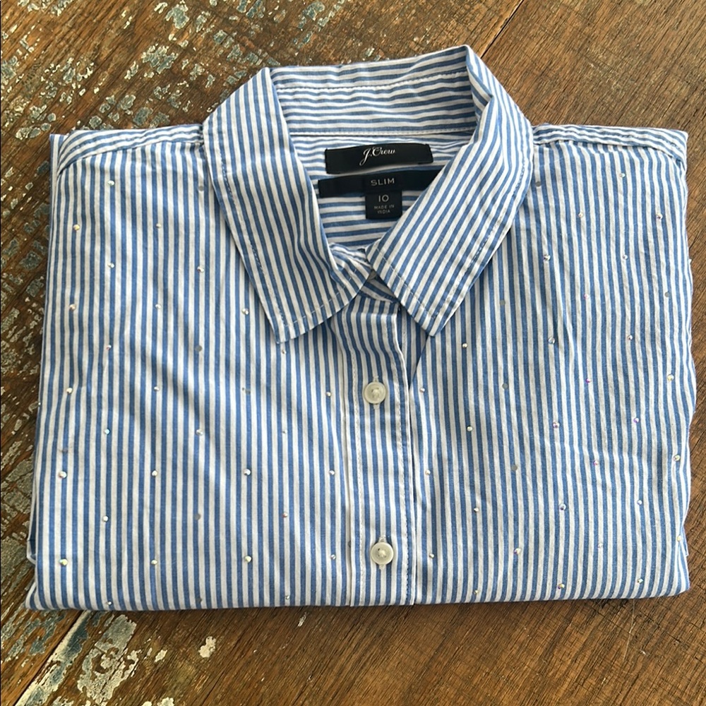 J. Crew Embellished Blue Striped Long Sleeve Women’s Shirt 10 Slim
